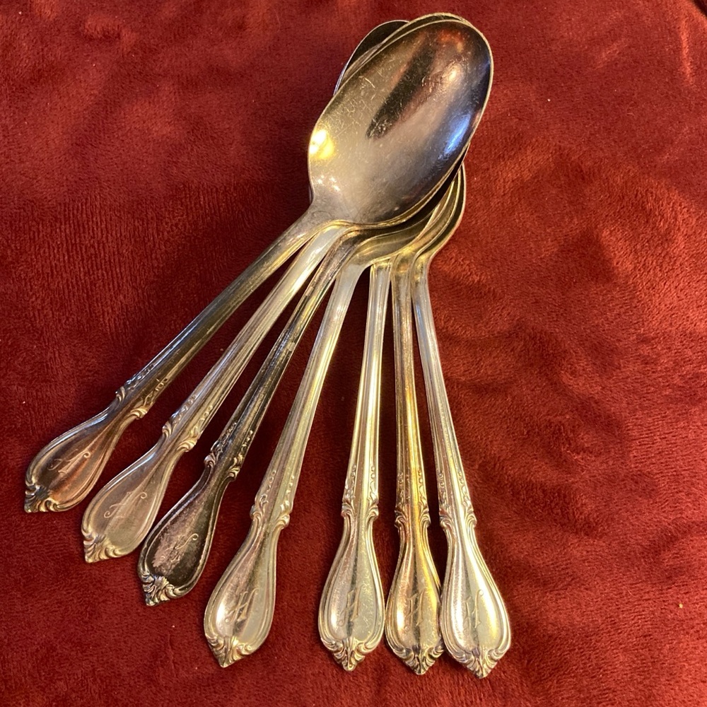 7 Silverplate Dinner Spoons w/ H Monogram Wm Rogers Memory Pattern | 1960s